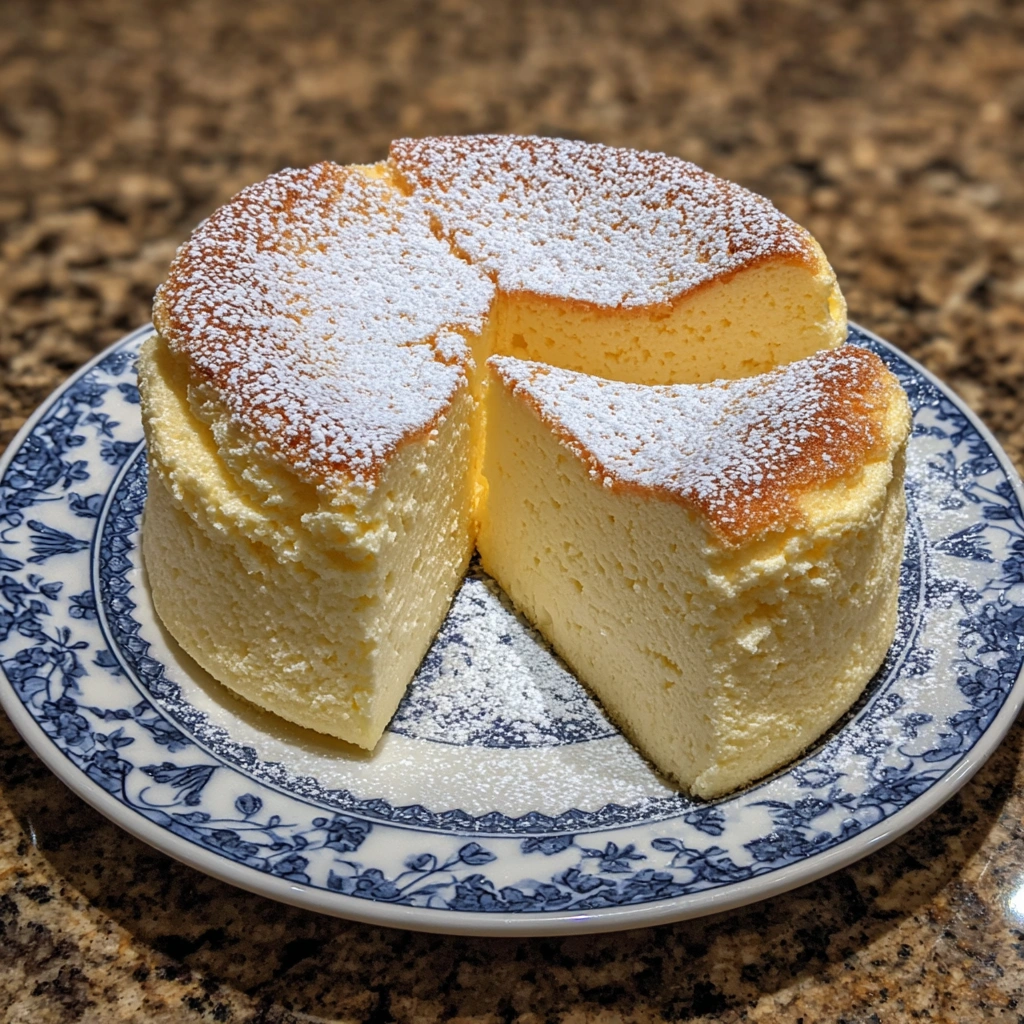Sliced Japanese cheesecake showing airy inside