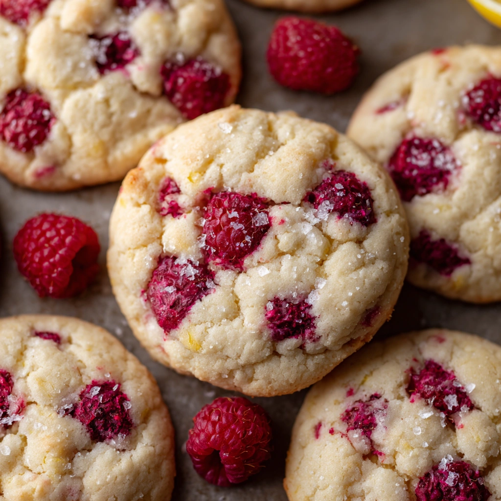 Close-up of a lemon raspberry cookie with raspberries peeking through
