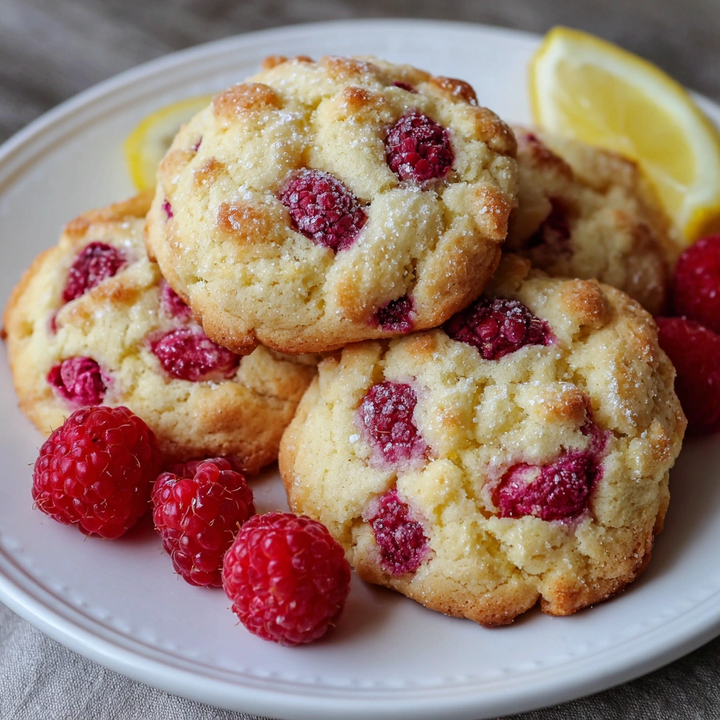 Plate of lemon cookies dotted with raspberries and dusted with sugar