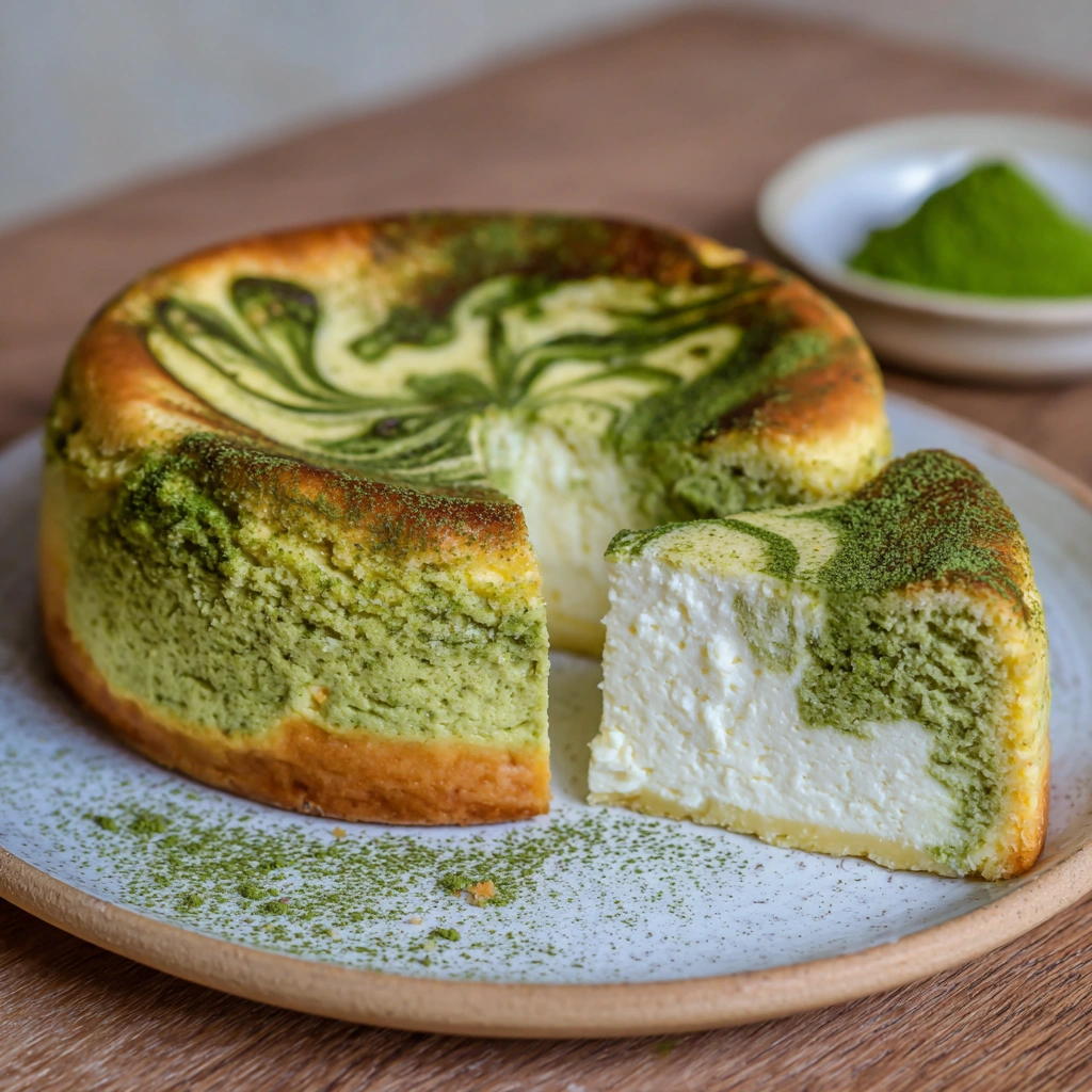A whole matcha cheesecake cooling on a wooden board with parchment paper.