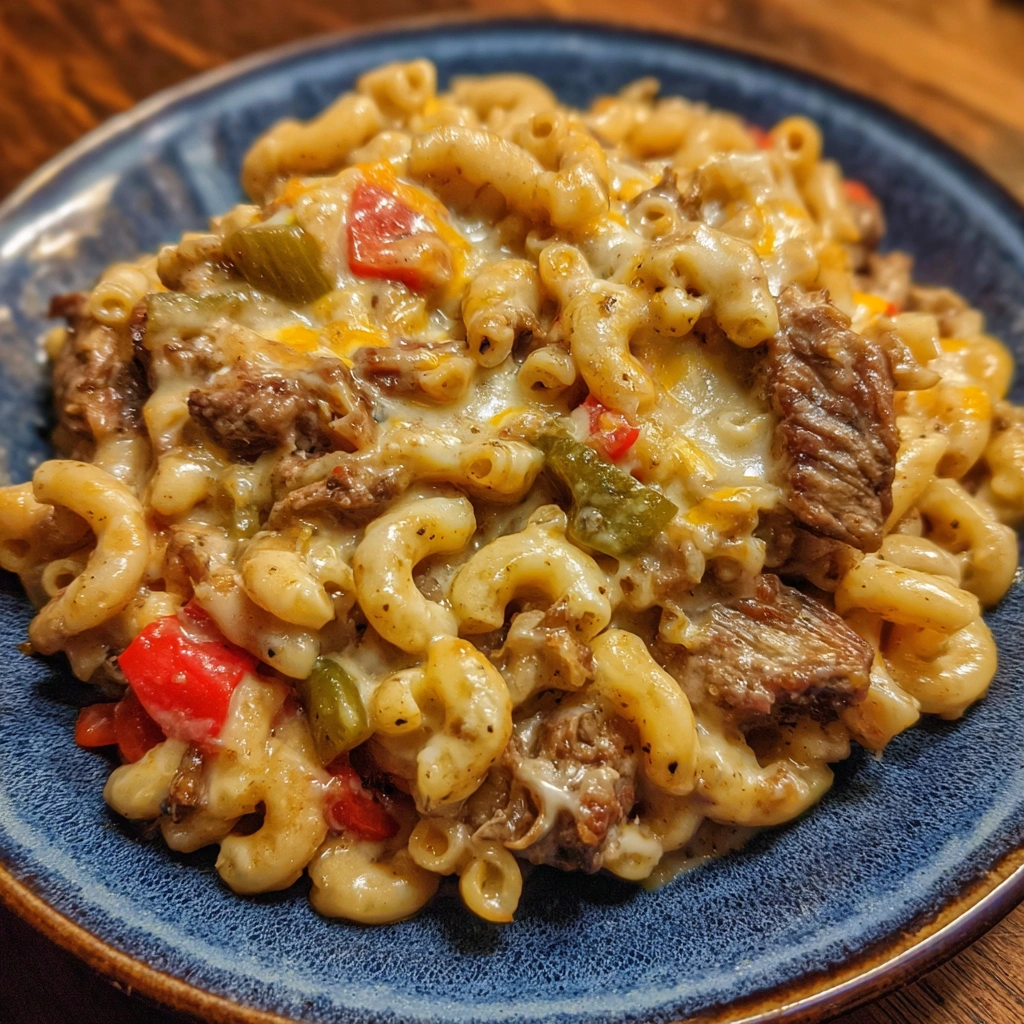 Cast iron skillet filled with cheesy Philly mac and cheese