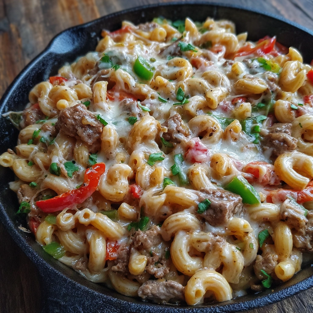 Close-up of mac and cheese with lean beef, peppers, and melted cheese