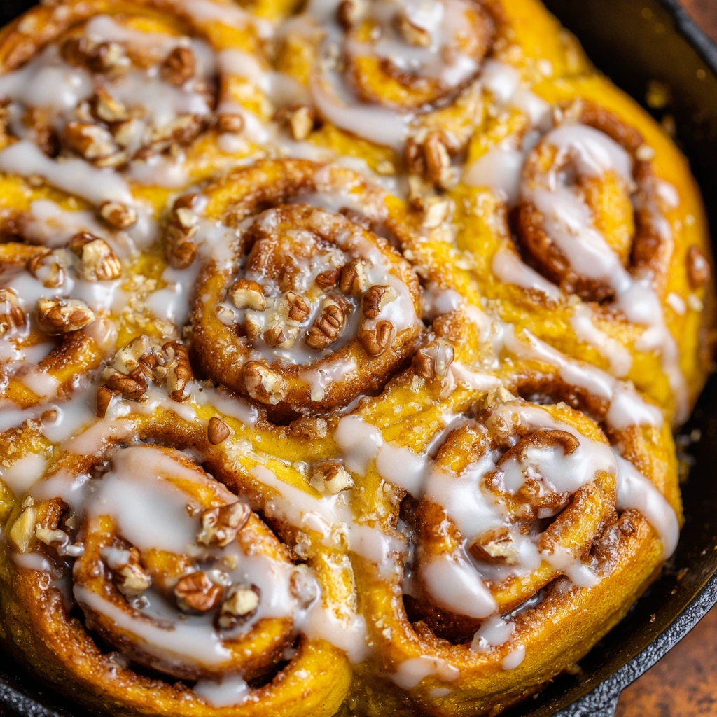 A pan of pumpkin cinnamon roll bake fresh from the oven