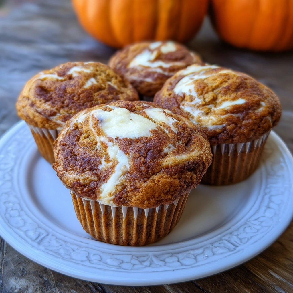 Pumpkin muffins with cream cheese swirled on top, golden and moist