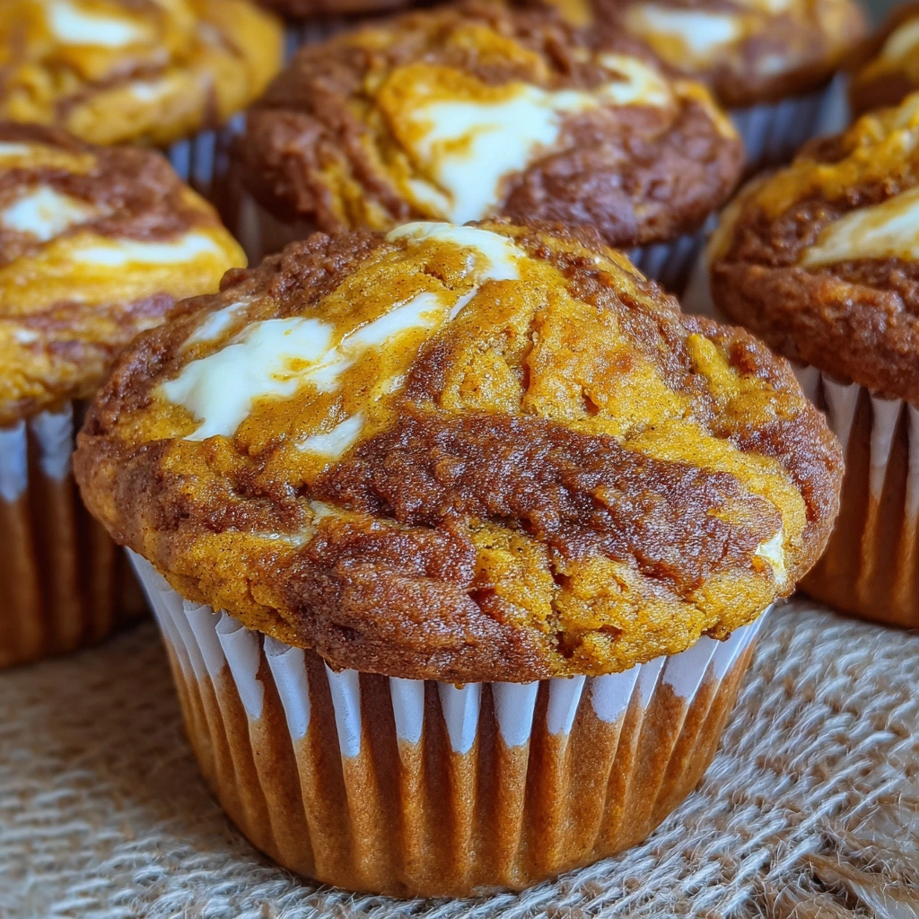 Pumpkin swirl muffins with cream cheese baked on top