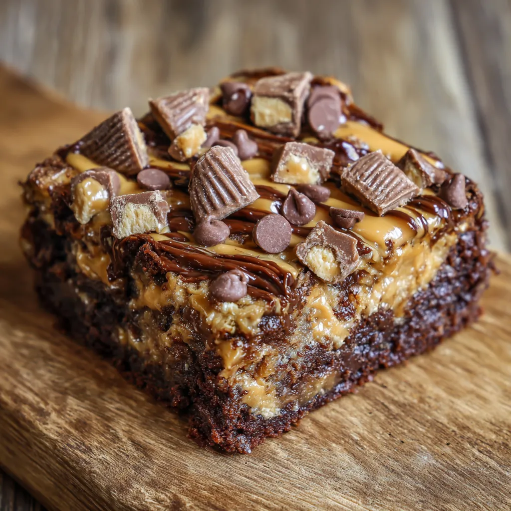 Overhead shot of earthquake cake with melted chocolate and peanut butter drizzle