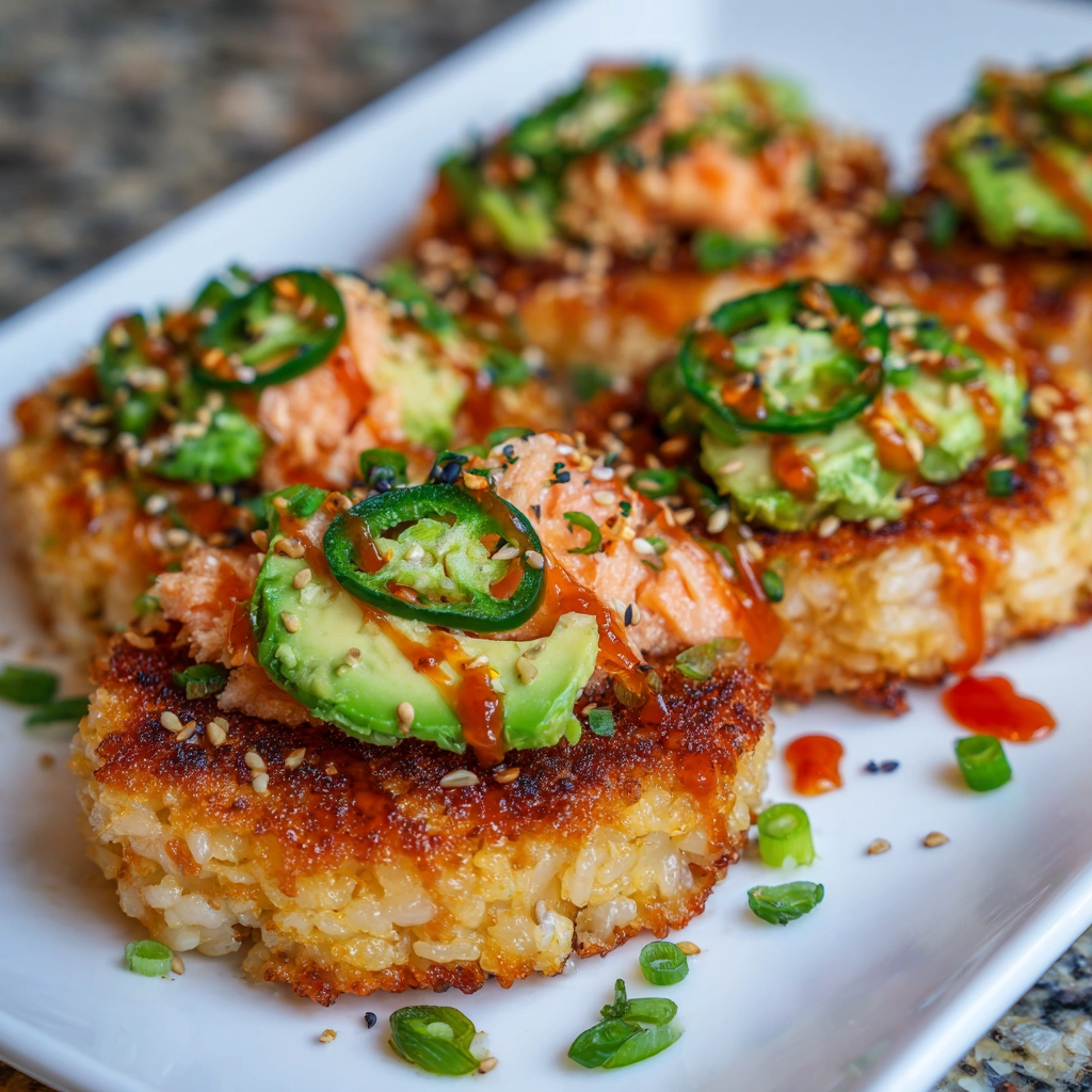 Hand holding one crispy rice topped with jalapeño and sriracha