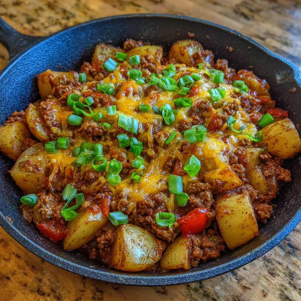 Skillet set on table with napkins and serving plates around