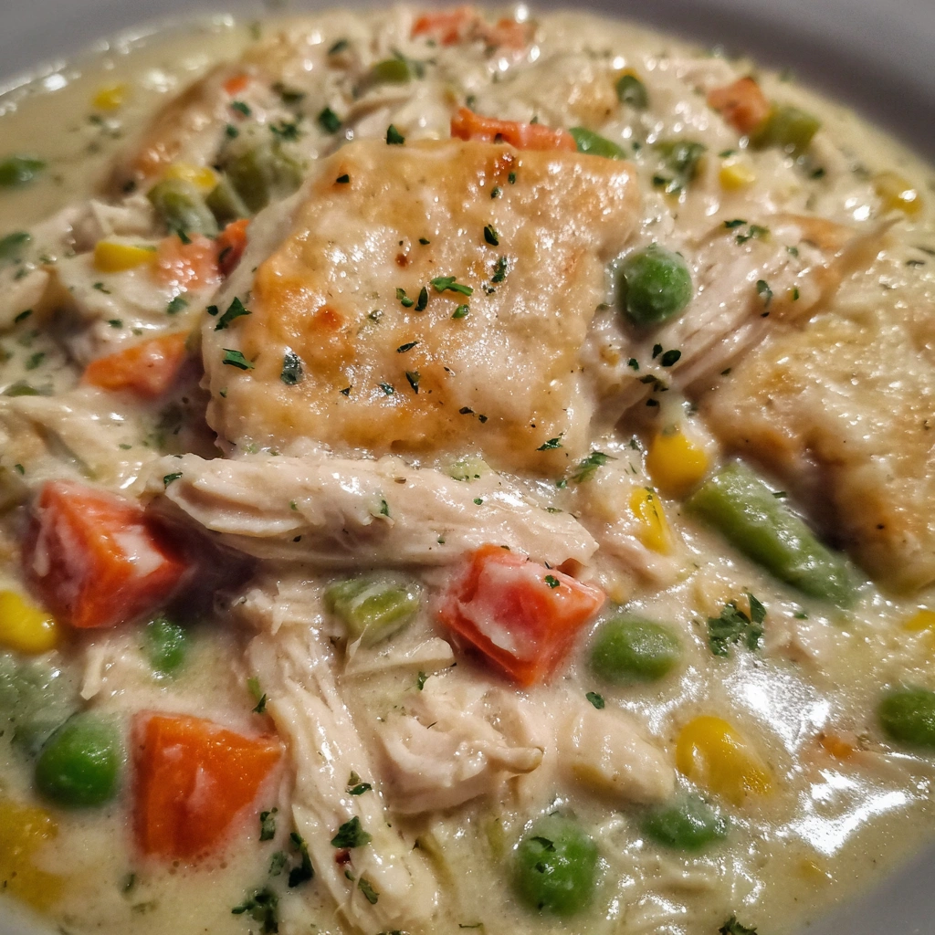 Crockpot chicken pot pie with tender chicken, veggies, and flaky puff pastry
