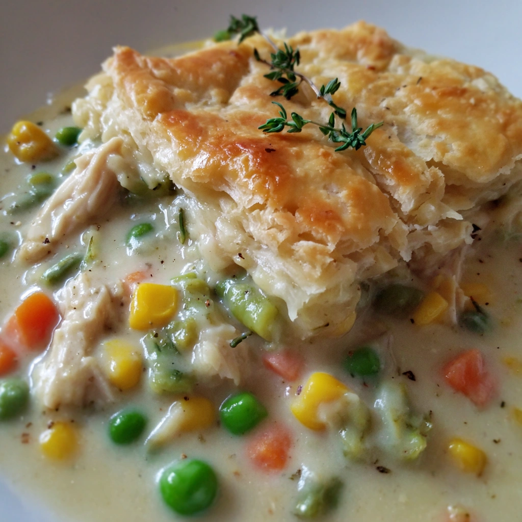 Ladle of chicken pot pie being served from a crockpot