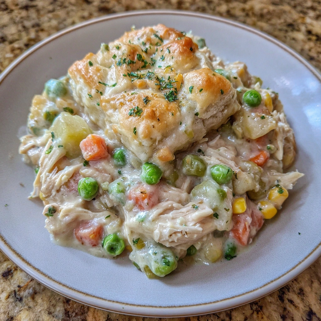Flaky biscuit topping a creamy chicken and vegetable filling