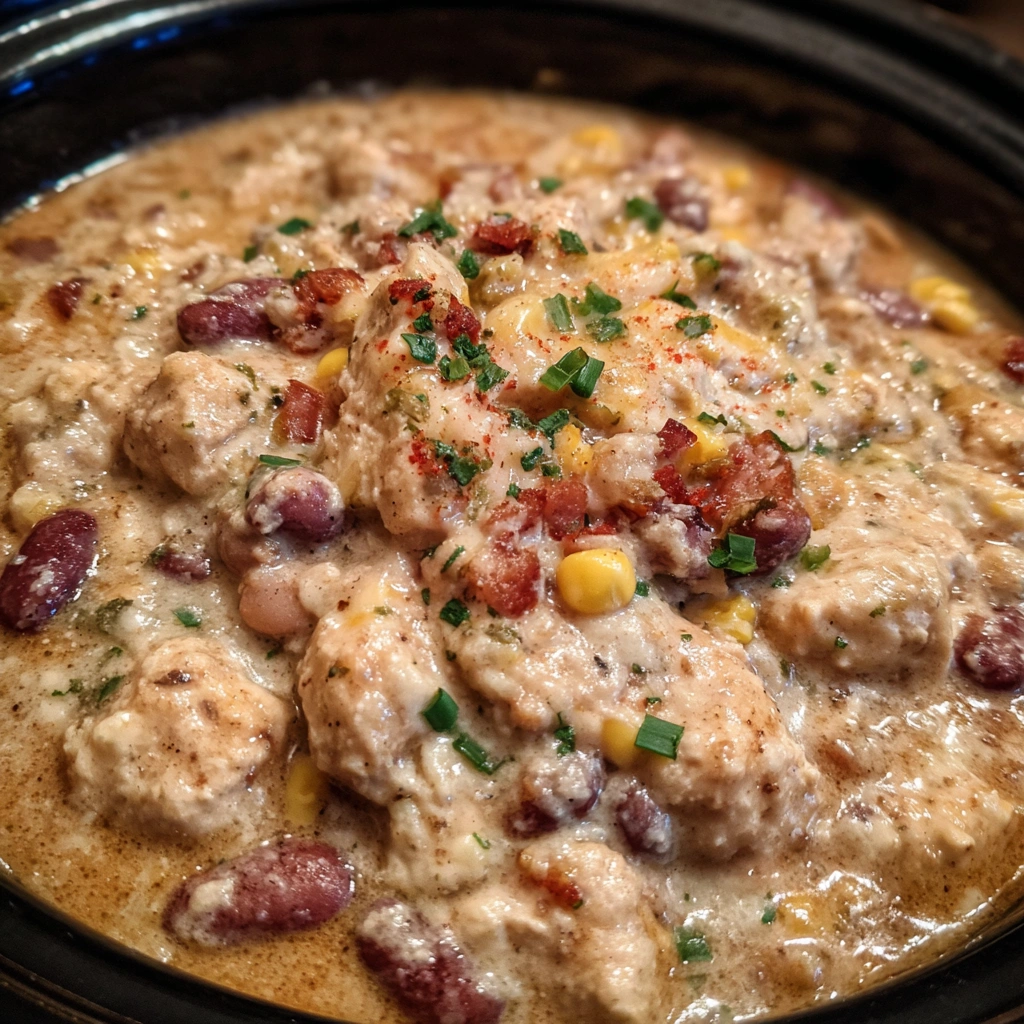 Close-up of chili with turkey bacon and cheddar on top