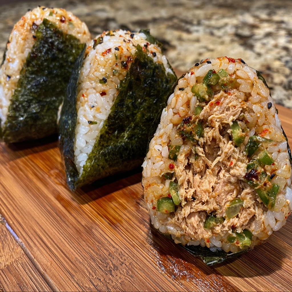 A close-up of onigiri showing its creamy tuna filling inside fluffy rice.