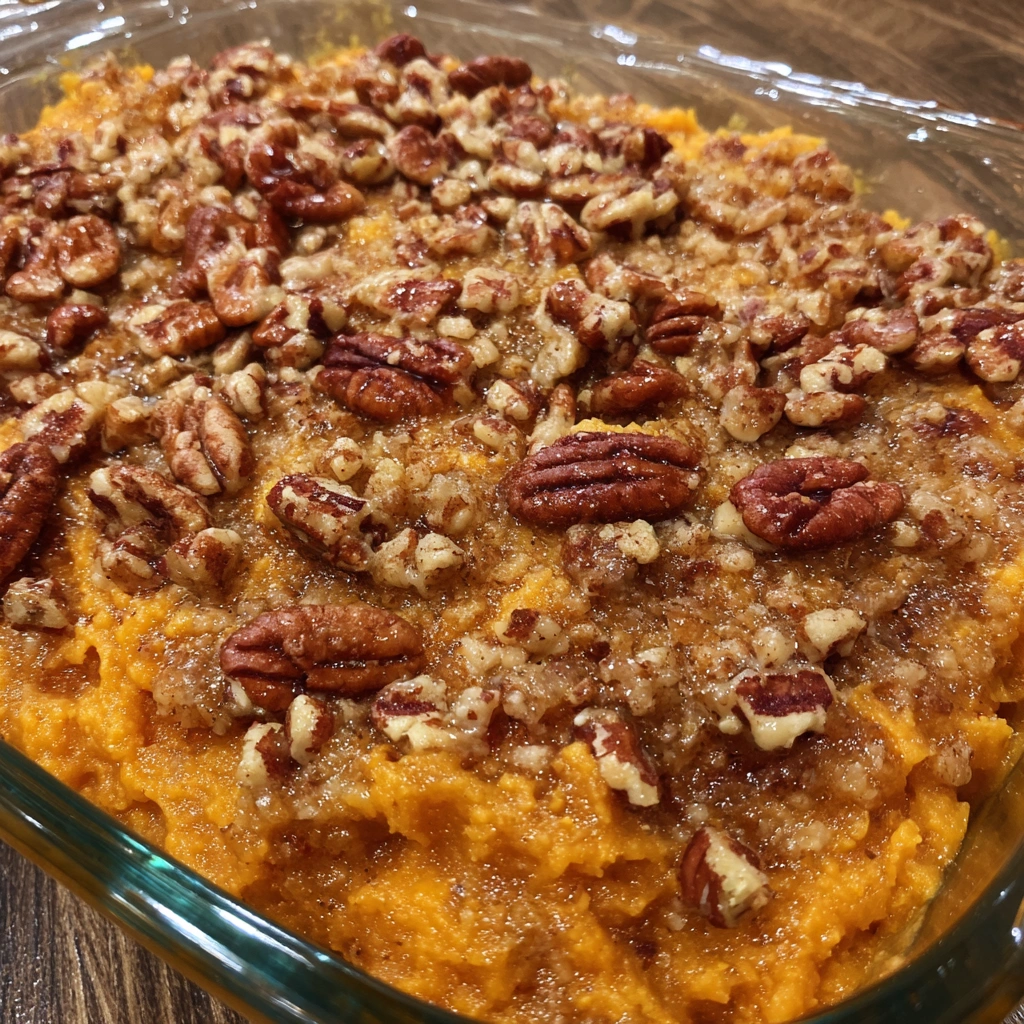 Sweet potato casserole with golden pecan topping in a baking dish