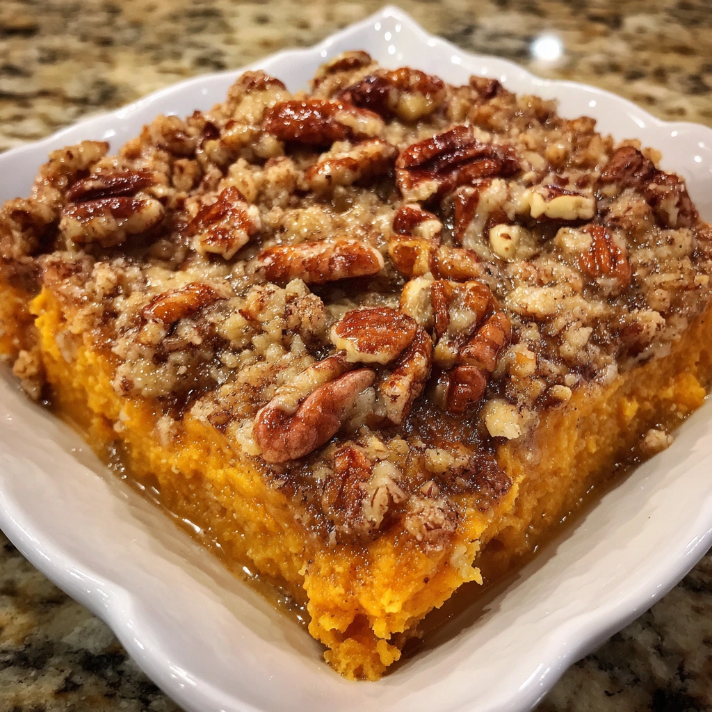 Close-up of golden-baked sweet potato casserole texture