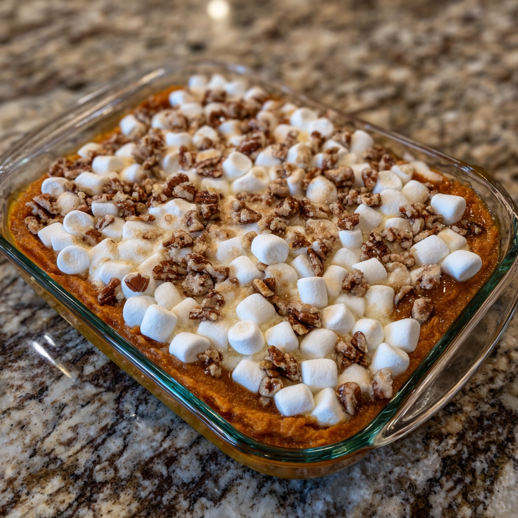 Sweet potato casserole topped with golden marshmallows and pecans