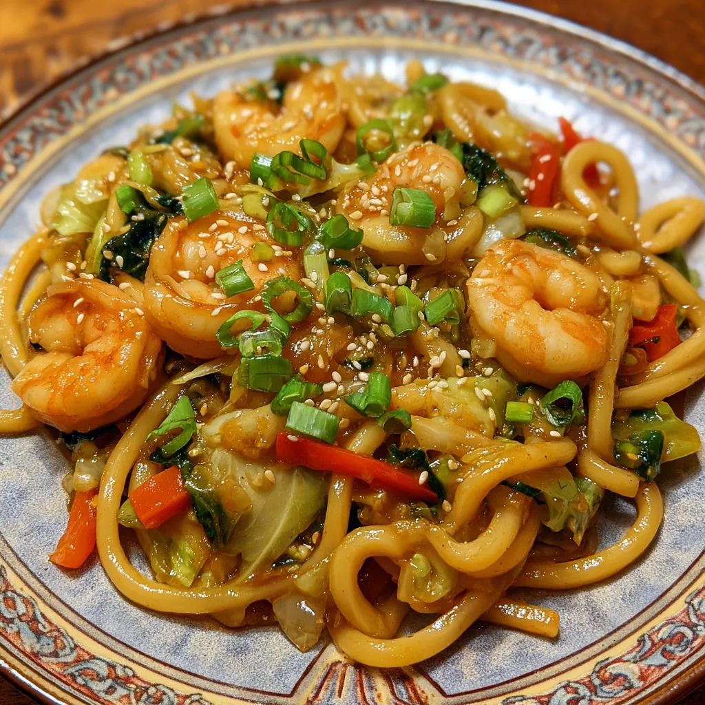 A steaming plate of homemade yaki udon with shrimp, carrots, and sesame garnish.