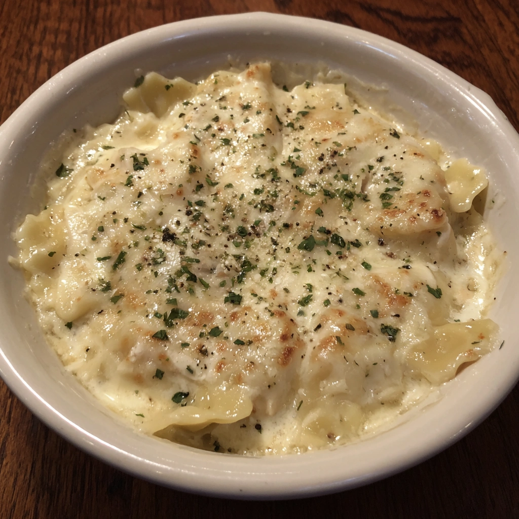 Cheesy chicken lasagna soup in a creamy white broth with pasta pieces.