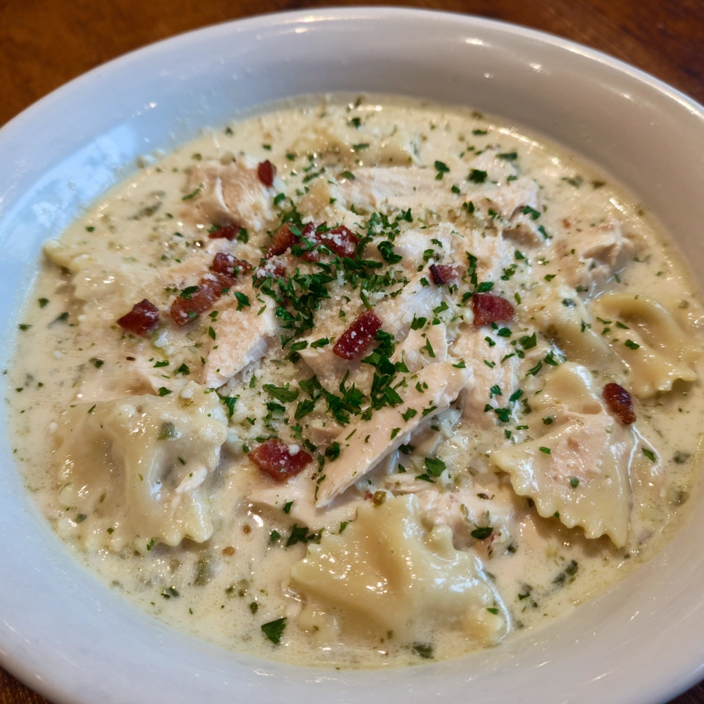Bowl of white lasagna soup with melted cheese and fresh parsley.