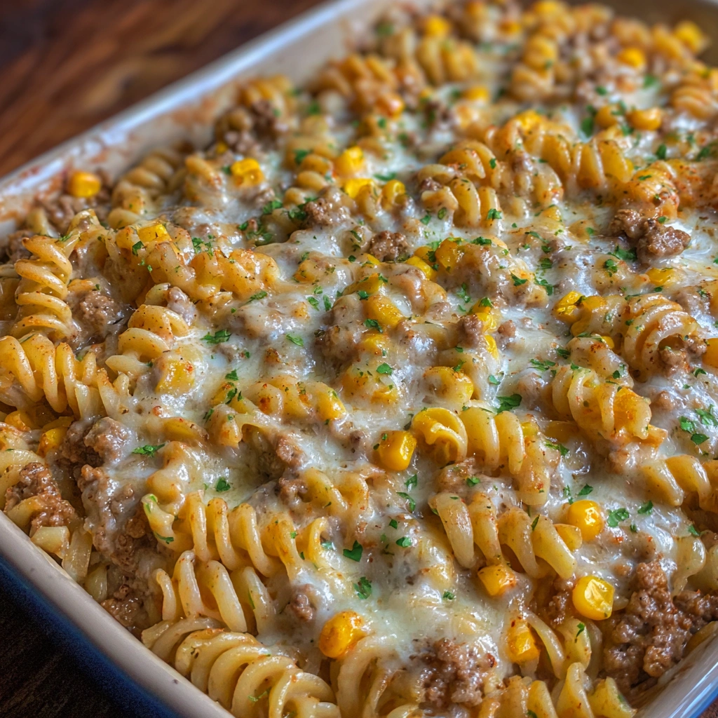 Cheesy Ranch Rotini Bake with Beef and Sweet Corn